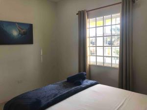 a bedroom with a bed with a window and a blue blanket at Villa Devica in Bon Accord Village