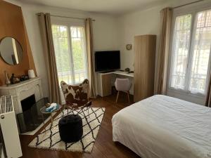 a bedroom with a bed and a fireplace and a television at Chambre villa du sentier in Pomponne
