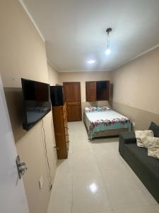 a bedroom with a bed and a tv and a couch at Pousada Plantar e Cuidar in Santa Cruz do Escalvado