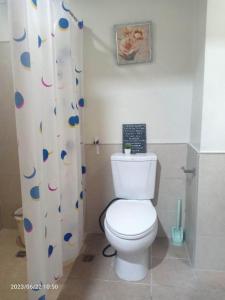 a bathroom with a toilet and a shower curtain at GracieBella 1111 Home in Cebu City