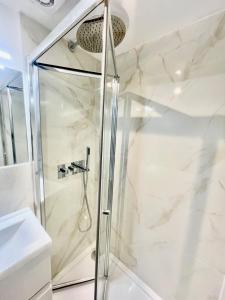 a shower with a glass door in a bathroom at cozy 1 bedroom flat near cambridge city centre in Milton
