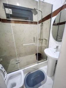 a bathroom with a shower and a sink and a toilet at 2 Bed Luxury Apartment in Lekki-Ikota Lagos in Lekki +2 photos