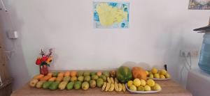 a table filled with different types of fruits and vegetables at Pitake Lodge 2 in Nuku Hiva