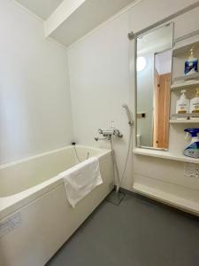 a bathroom with a tub and a sink and a mirror at YMK Oshiage 5B in Tokyo +48 photos