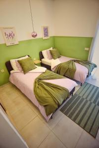 two beds in a room with green walls at Luxury apartment in martil in Martil +29 photos