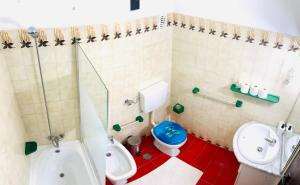 un bagno con wc, lavandino e doccia di Point Apartament Praia da Oura ad Albufeira Altre 27 foto