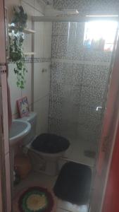 ein Badezimmer mit Dusche, Toilette und Waschbecken in der Unterkunft Kitnet centro São thome hostel in São Thomé das Letras