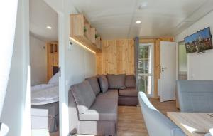 a living room with a couch and a table at Tiny Haus im Waldcamping am Brombachsee in Pleinfeld