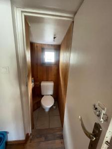 a small bathroom with a toilet and a window at joli T3 au coeur de lourdes in Lourdes