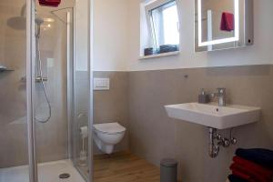 a bathroom with a sink and a toilet and a shower at Ferienwohnung Im Illertal in Altenstadt