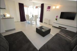Una sala de estar con un televisor, un sofá y una mesa. en Vila Daniela Romance, en Turanj