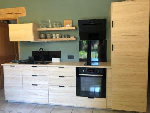 eine Küche mit Holzschränken und einem Herd mit Backofen in der Unterkunft L'Hospitalier in Saint-Antoine