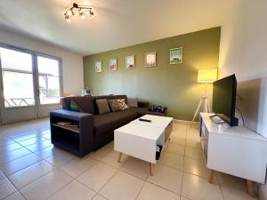 a living room with a couch and a tv at Les Gemmeurs - T2 proche du lac in Aureilhan