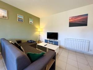 a living room with a couch and a tv at Les Gemmeurs - T2 proche du lac in Aureilhan +3 photos