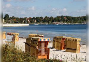 a group of beach chairs sitting on the beach at Ferienhaus Käthe-Kollwitz in Eckernförde