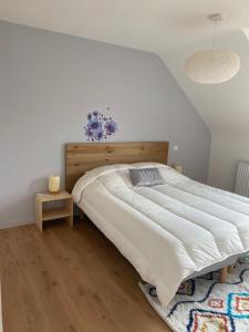 a bedroom with a large bed with a wooden headboard at Villa du Golf in Baden +25 photos