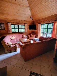 a living room with a couch and a table at Falkenstein Hütten Haus Waldluft in Bad Schandau