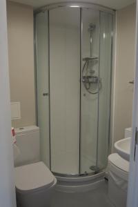 a bathroom with a shower and a toilet and a sink at St Chad's College in Durham