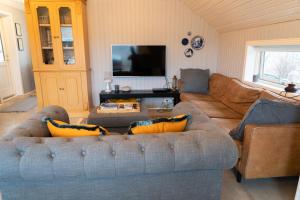 a living room with couches and a flat screen tv at Grund Cabin in Hvolsvöllur