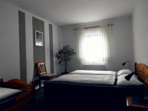 a bedroom with a bed and a window and a chair at Fewo Stricker 31 in Walkenried +28 photos