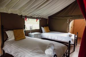 a bedroom with two beds in a tent at Seven Hills Hideaway - Three Bedroom in Llanvetherine