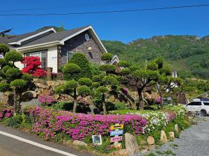 Noel's Darak Pension في دانيانغ: منزل به حديقة من الزهور والأشجار