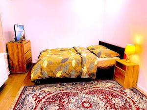 a bedroom with a bed and a rug at une chambre pas loin de paris et airport CDG in Bondy
