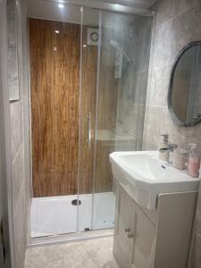 un bagno con doccia e lavandino di New luxurious and spacious guest suite in Banstead a Banstead Altre 11 foto