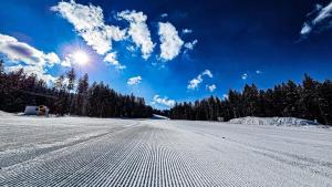 a snow covered road with the sun in the sky at Modern Central Apartament in Câmpulung Moldovenesc