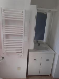 ein weißes Badezimmer mit Waschbecken und Spiegel in der Unterkunft Sous Le Soleil Des Alpilles in Mouriès