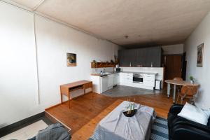 a living room with a couch and a table at MonteurGut Apartments Birke in Lindern