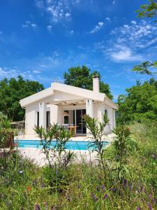 a small white house with a pool in front of it at Neues Ferienhaus In Thasos Mit Großer Terrasse in Potamia