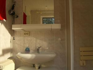 a bathroom with a sink and a shower with a mirror at Gemütliches Ferienhaus In Fischbach Rhön in Kaltennordheim +18 photos