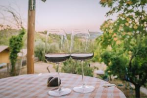 two glasses of wine sitting on a table at Agriturismo Angeli Sognanti in Cossignano