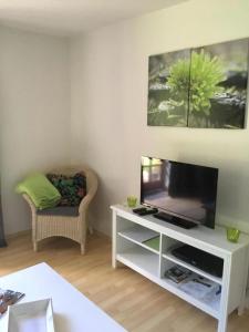 Una sala de estar con un televisor de pantalla plana y una silla. en Ferienwohnung Schoenk In Havetoft, en Havetoft