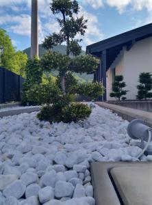 a rock garden with a tree in front of a building at Lvi Retreat in Tarcento
