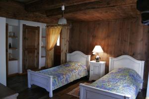 two beds in a bedroom with wooden walls at La maison d'Anastasie in Saint-Étienne-du-Vigan