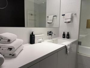 une salle de bain blanche avec un lavabo et un miroir dans l'établissement Luxury City Apartment with Skyline View, à Vienne