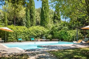 a swimming pool in a yard with chairs and an umbrella at Ginepro Apartment Podere Giardino in Montalcino +14 photos