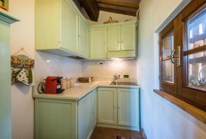 a kitchen with green cabinets and a sink at Ginepro Apartment Podere Giardino in Montalcino