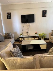 a living room with two couches and a tv at Chui by Rorric Safaris in Nanyuki