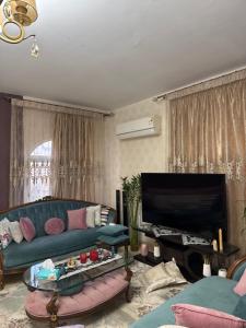 a living room with a green couch and a tv at Beverly Hills apartment in Sheikh Zayed