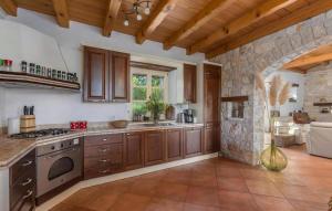 a kitchen with wooden cabinets and a stone wall at Ferienhaus In Sovinjak Mit Grill, Garten Und Terrasse in Buzet