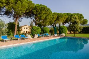 a swimming pool with blue chairs and trees at Capracotta - Aurora in Montemassi
