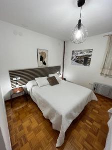 a bedroom with a large white bed and a lamp at Dupléx en Estación de Manzaneda in Prada