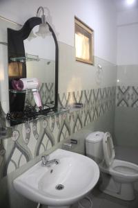 a bathroom with a sink and a toilet and a mirror at Evergreen Cottage in Ella +24 photos