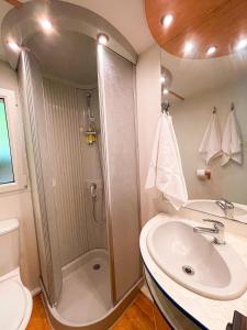 un baño con ducha y lavabo en Le sorgenti - Mobile Home 46, en Palazzuolo sul Senio