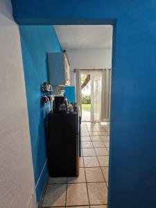 a kitchen with blue walls and a black refrigerator at LOS SAUCES STUDIO in Puerto Vallarta