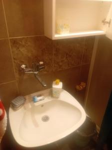 巴奇卡帕兰卡Sindi Apartman的带架子的浴室内的白色水槽