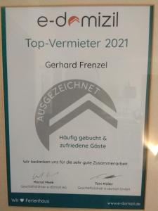 Certifikát, hodnocení, plakát nebo jiný dokument vystavený v ubytování Ferienwohnung Mit Eigenem Parkplatz